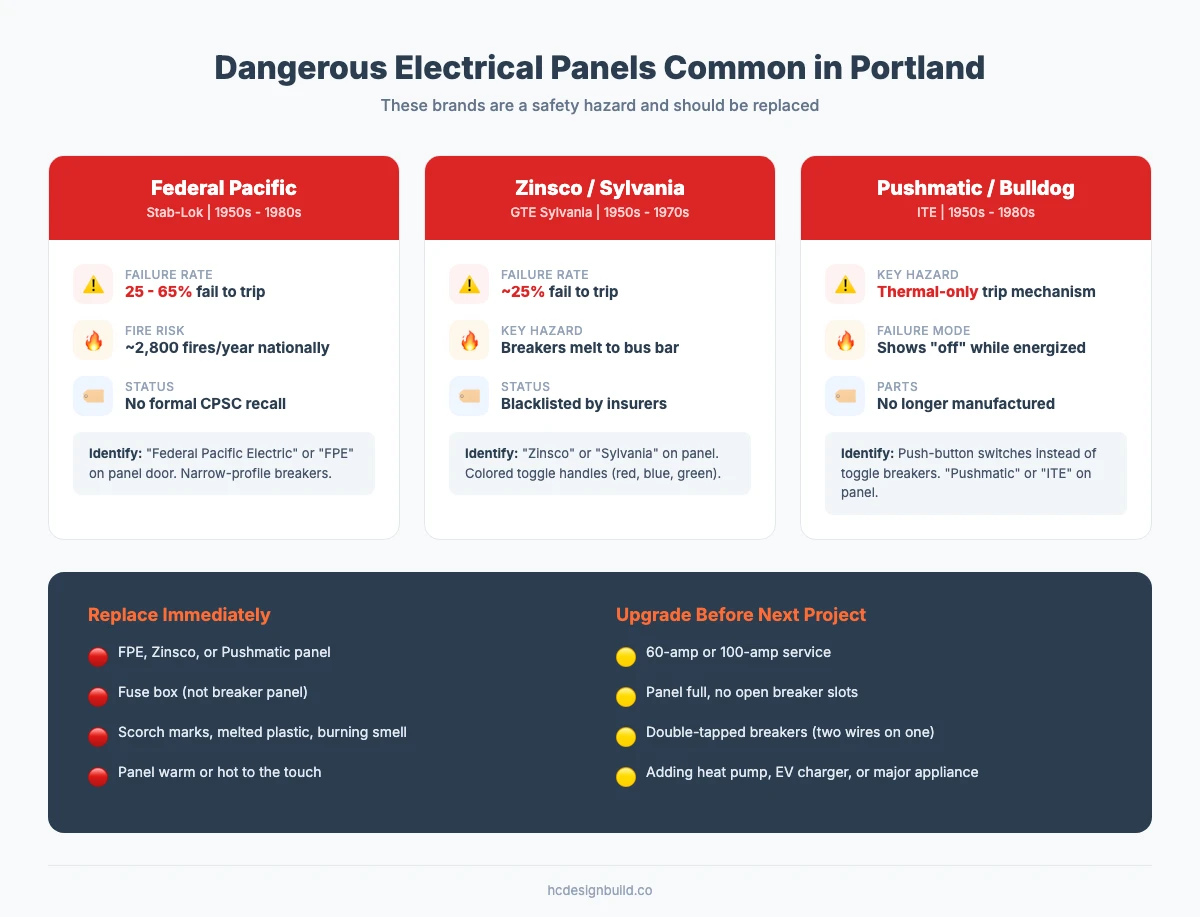 Comparison of three dangerous electrical panel brands common in Portland: Federal Pacific with 25 to 65 percent failure rate, Zinsco with 25 percent failure rate and melting bus bars, and Pushmatic with thermal-only trip mechanism