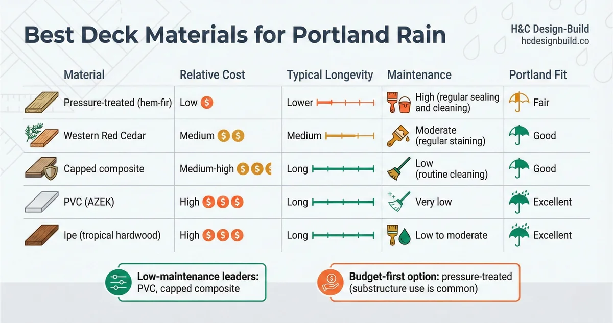 Deck material comparison infographic for Portland rain covering relative cost, longevity, maintenance, and climate fit for pressure-treated lumber, cedar, composite, PVC, and Ipe