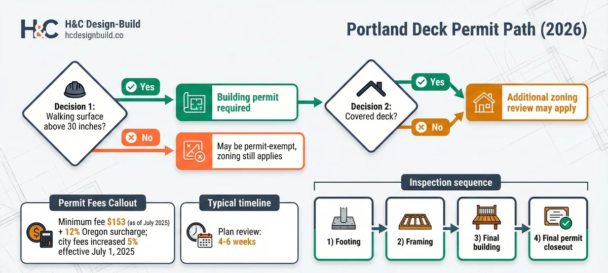 Portland deck permit path infographic showing permit trigger at 30-inch deck height, covered-deck zoning branch, fee callout, timeline, and inspection sequence