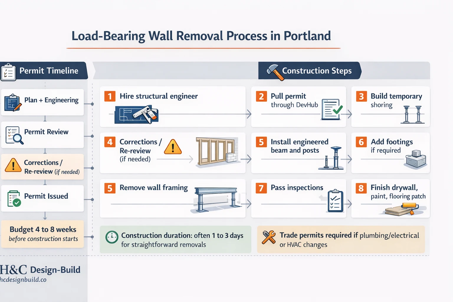 Portland load-bearing wall removal process infographic showing permit timeline and construction steps from engineering through final finishes
