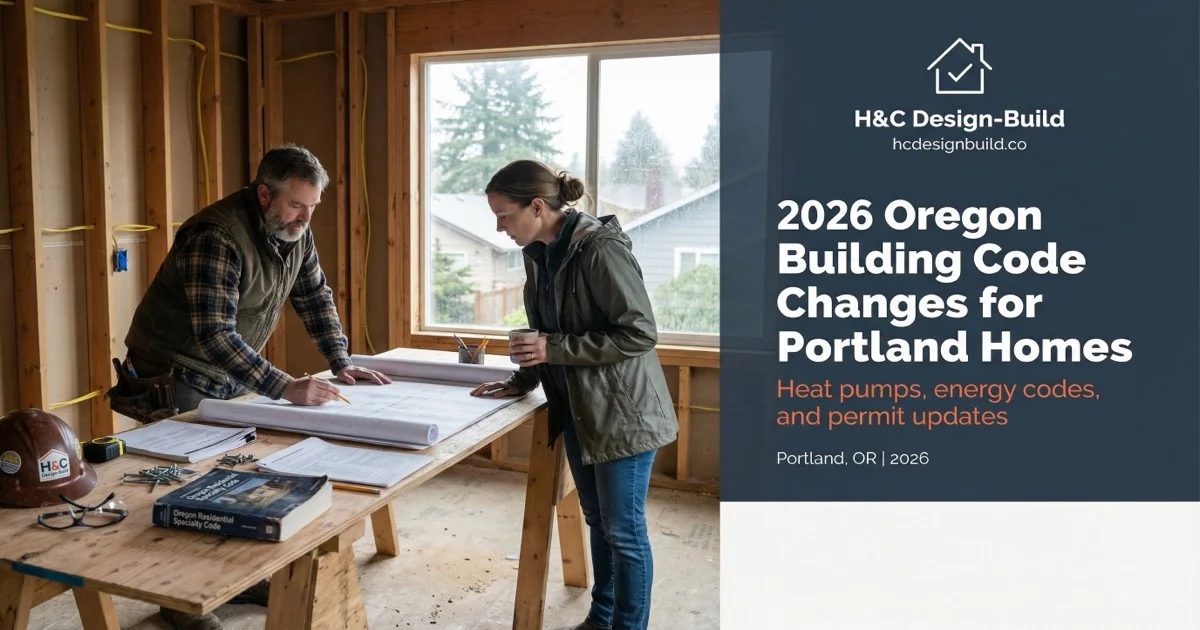 Portland contractor reviewing updated Oregon building code documents with a homeowner at a job site