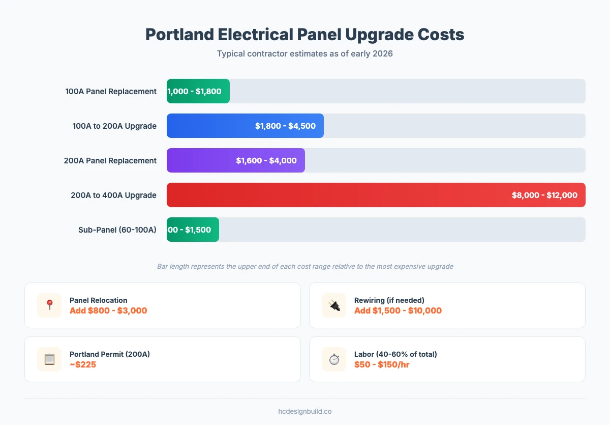 Bar chart comparing Portland electrical panel upgrade costs by type: 100A replacement $1,000 to $1,800, 100A to 200A upgrade $1,800 to $4,500, 200A replacement $1,600 to $4,000, 200A to 400A upgrade $8,000 to $12,000, sub-panel $500 to $1,500