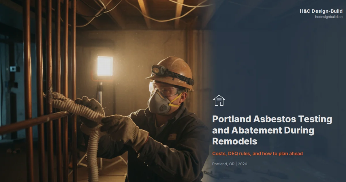 Asbestos abatement contractor in protective equipment removing pipe insulation during a Portland home renovation
