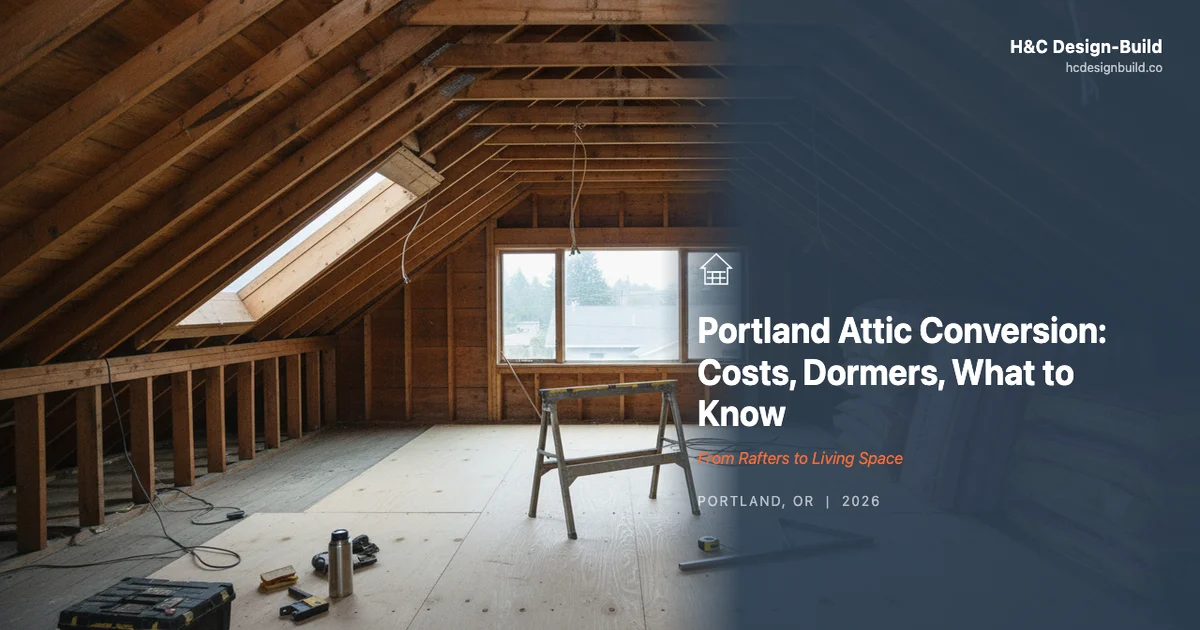 Interior of a Portland craftsman attic conversion with dormer windows, exposed ceiling beams, and finished hardwood floors