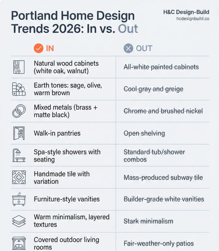 Portland Home Design Trends 2026: In vs. Out comparison showing what's gaining and losing popularity