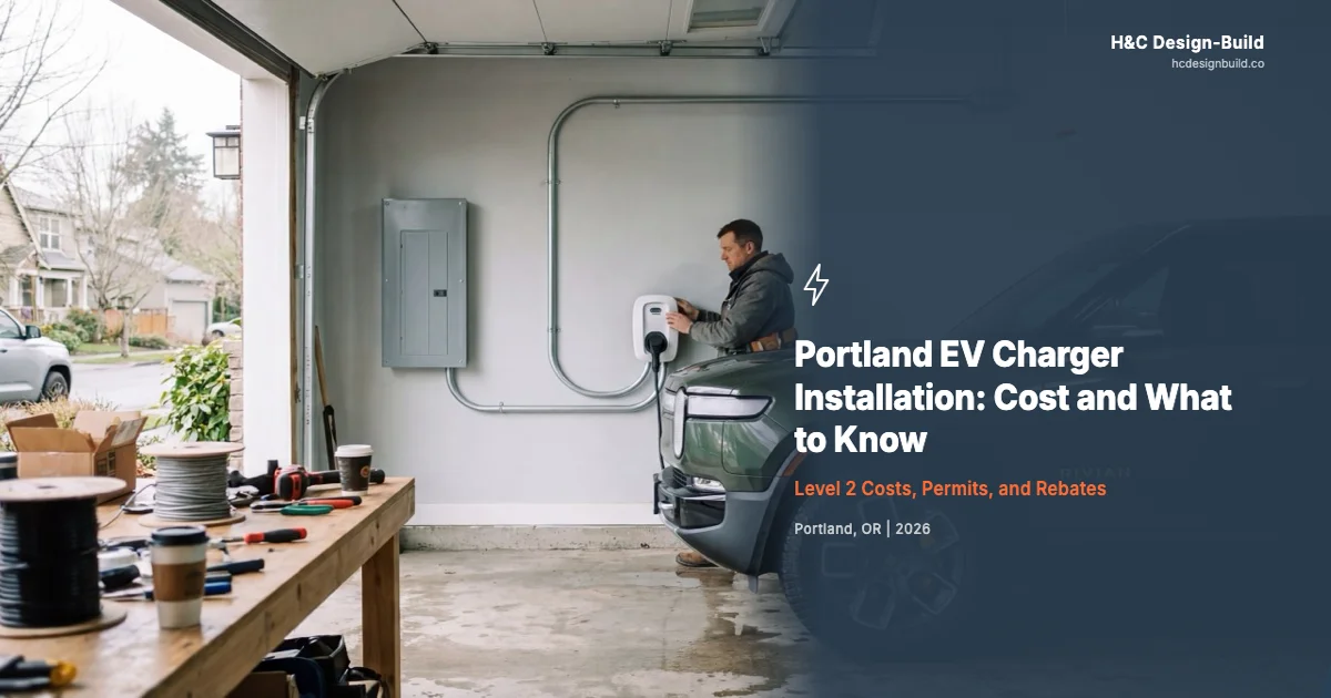 Level 2 EV charger mounted on a garage wall in a Portland home with an electric vehicle plugged in