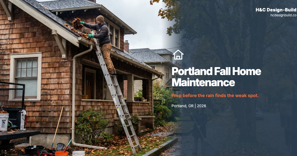 Contractor clearing leaves from gutters at a Portland home during fall rain prep