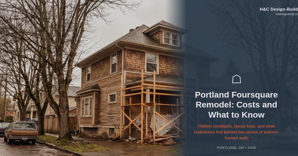 Portland American Foursquare home with hipped roof and full-width front porch during renovation