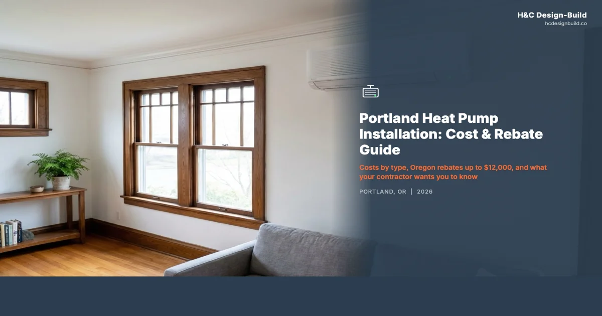 Ductless mini-split heat pump installed on a Portland home wall with a contractor checking the unit
