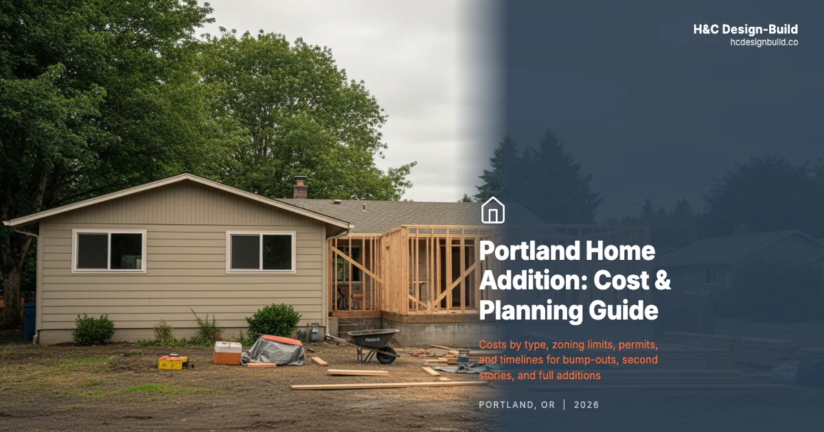 Framed home addition on a Portland residential property with exposed wall framing and foundation work