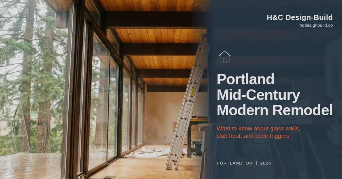 Restored Portland mid-century modern post-and-beam house with floor-to-ceiling glass wall and tongue-and-groove cedar ceiling