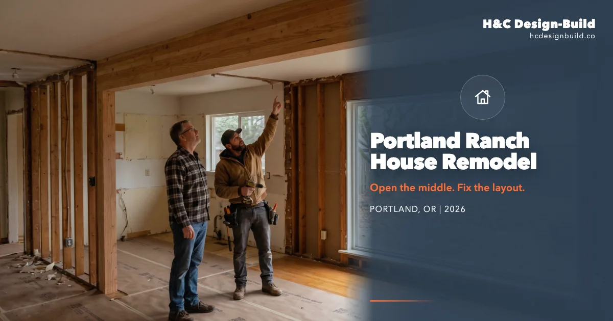 Portland ranch house remodel with homeowner and contractor standing beneath a new beam in an opened living and kitchen area
