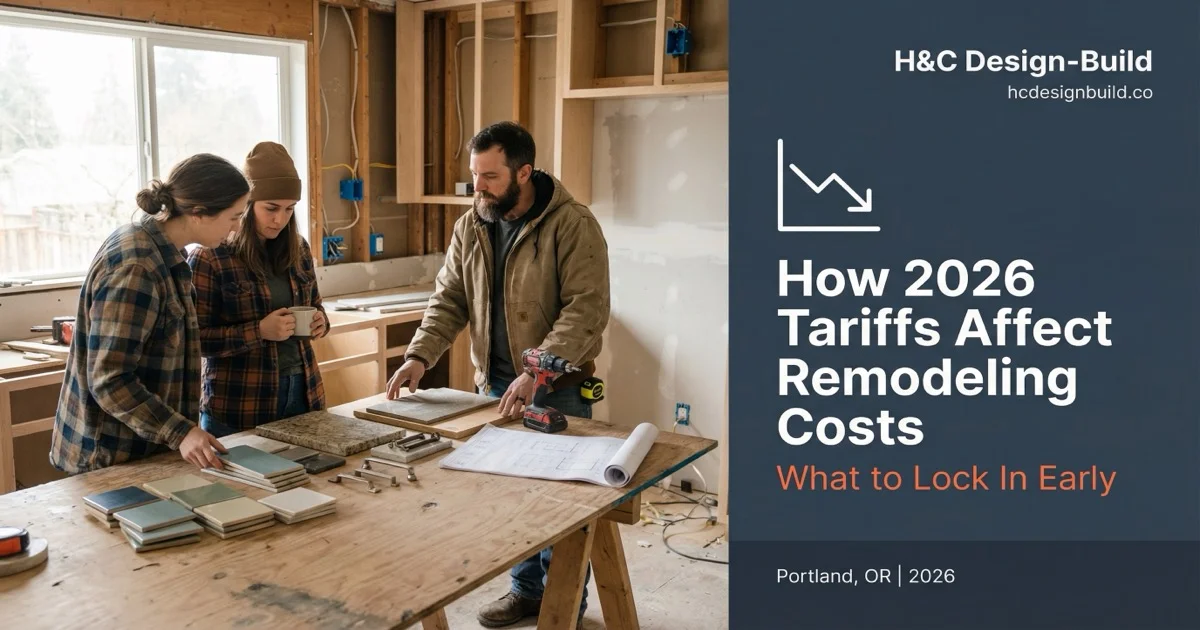 Portland couple and contractor reviewing remodel material selections affected by 2026 tariff changes