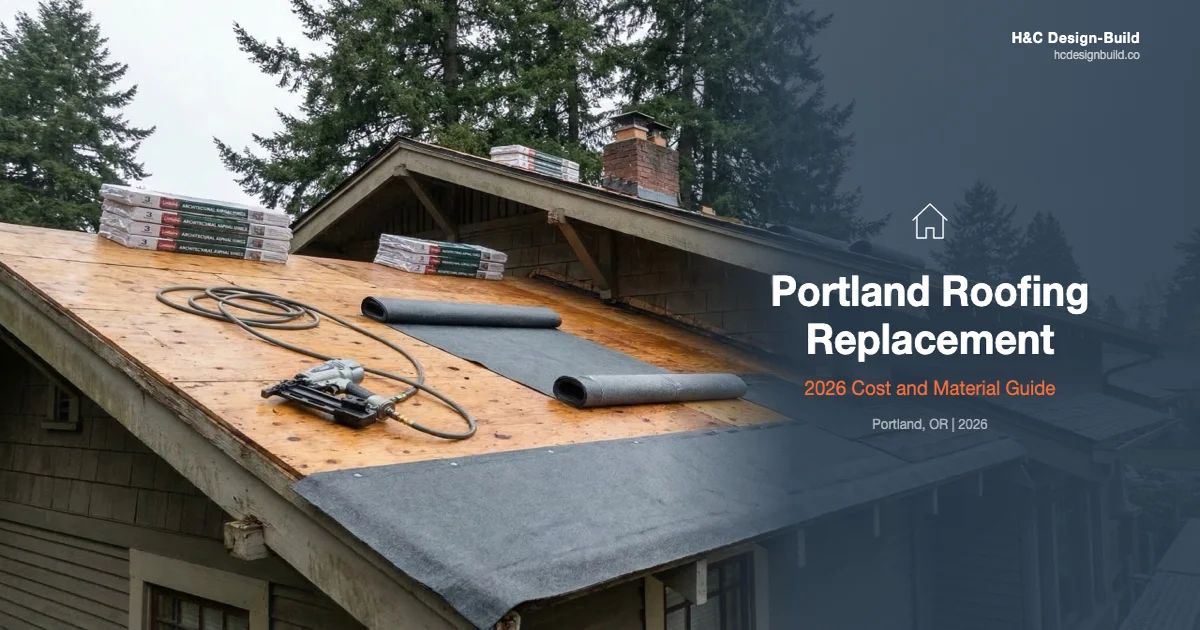 Portland roof mid-replacement showing exposed plywood deck with synthetic underlayment rolls and shingle bundles staged on a craftsman home