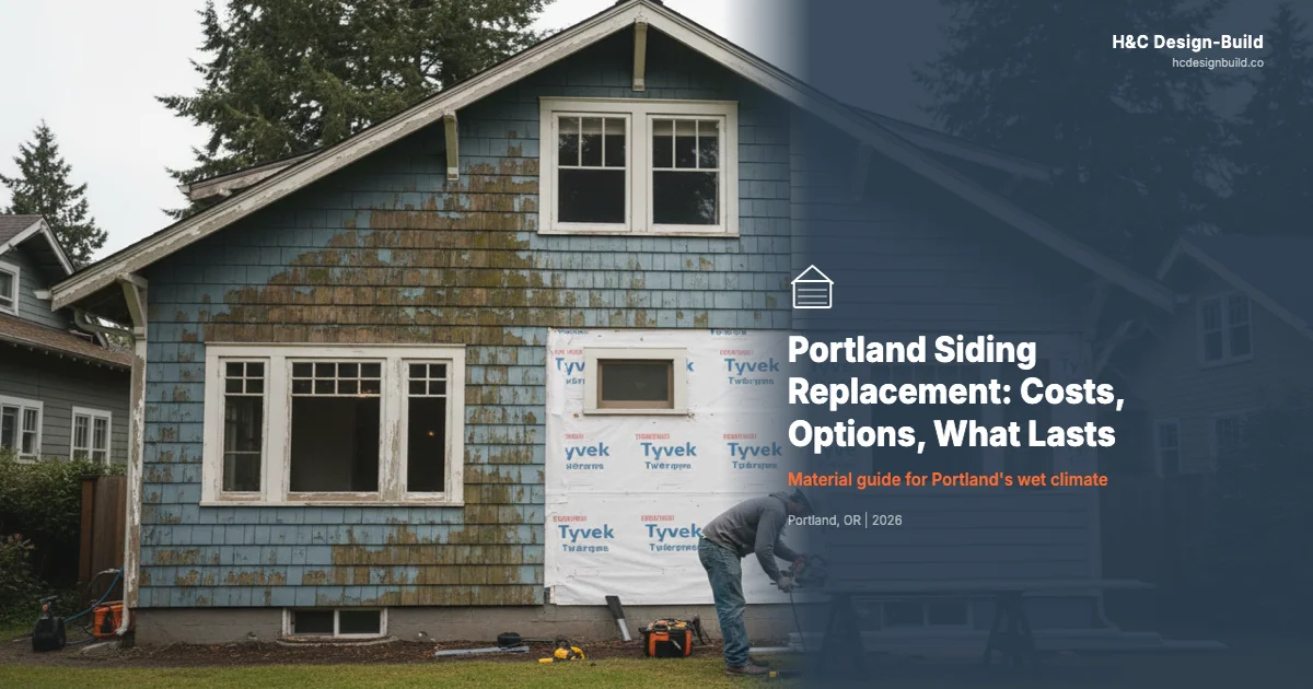 Fiber cement lap siding being installed on a Portland home with exposed housewrap and window flashing visible