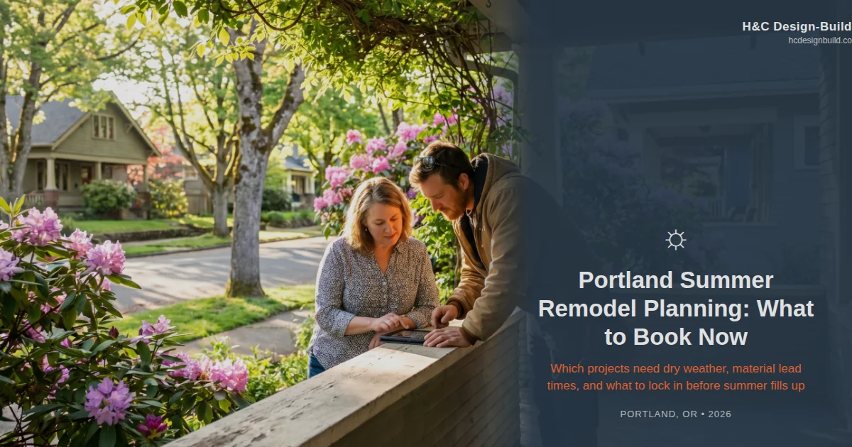 Portland home exterior with contractor reviewing plans during a sunny spring day