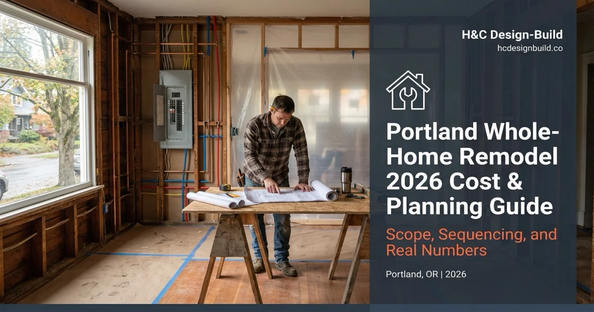 Portland whole-home remodel in progress showing open framing, updated systems, and phased construction zones