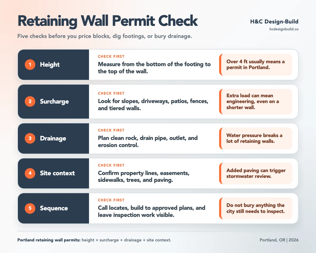 Portland retaining wall permit decision path showing height, surcharge, drainage, engineering, and inspection checkpoints